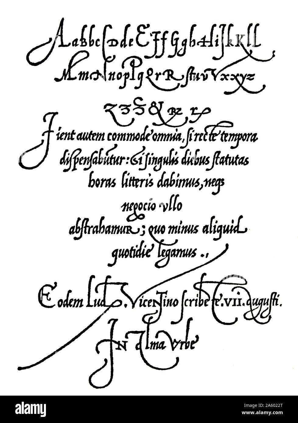 Pagina da Arrighi Operina della scrittura manuale del 1539 che mostra gli stili di scrittura del XVI secolo, inizi del rinascimento. Foto Stock