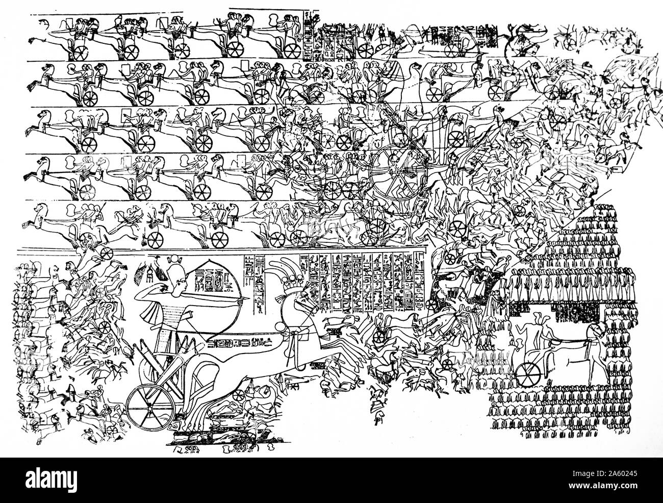 La battaglia di Kadesh (anche Kades) tra l'Impero Egiziano sotto Ramesse II e l'Hittita Impero sotto Muwatalli II presso la città di Kades, vicino alla moderna frontiera Syrian-Lebanese 274 BC. Ramesse II nato c. 1303 BC; morì 1213 BC; regnò 1279-1214 Foto Stock