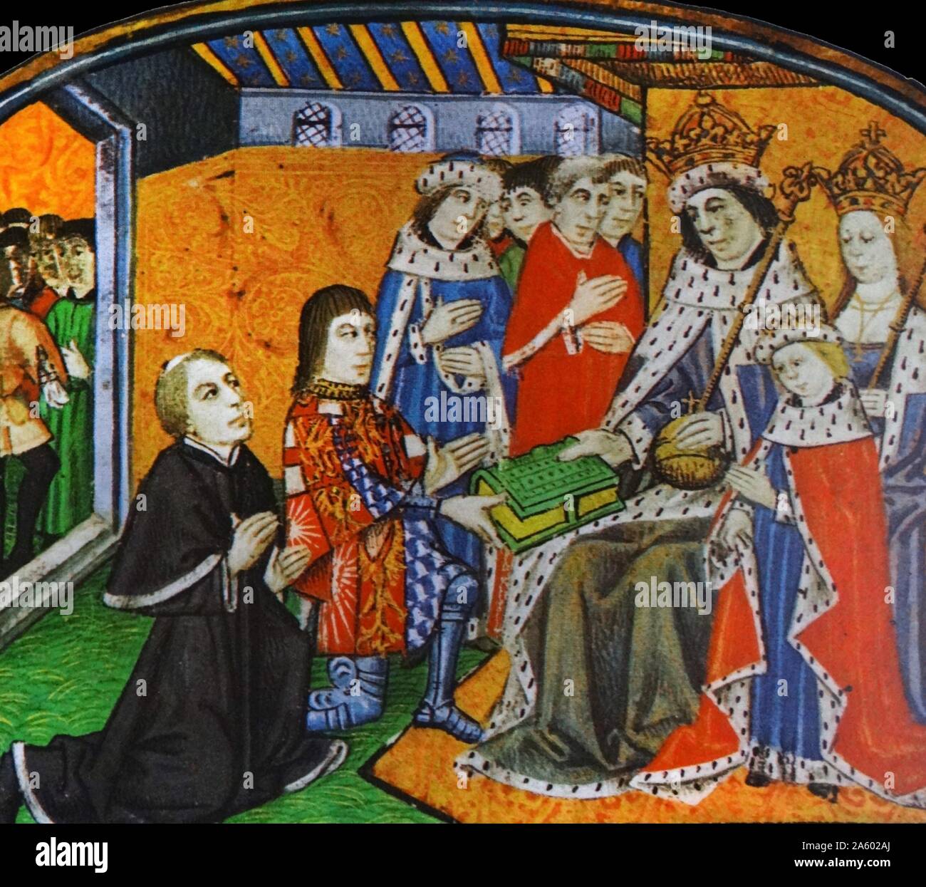 Anthony Sir Alfred Hitchcock e William Caxton presentando il primo libro stampato in inglese per il re Edoardo IV Foto Stock