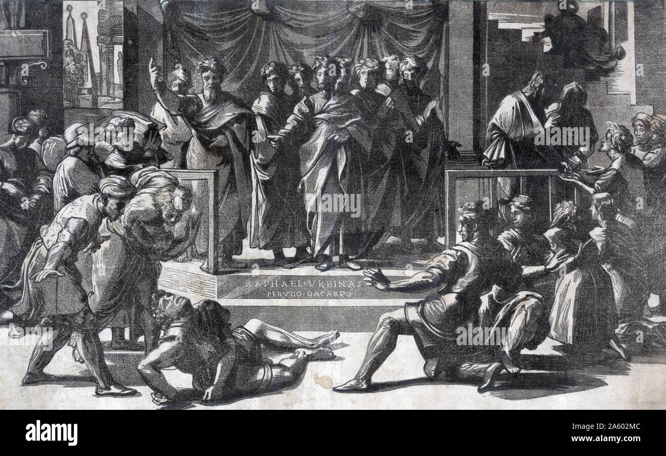 La morte di Anania da Ugo de Carpi, 1480-1532, artista. xilografia mostra Anania giacente a terra di fronte ai discepoli e altri osservatori. Il discepolo Pietro lo condanna per raccontare una bugia Foto Stock