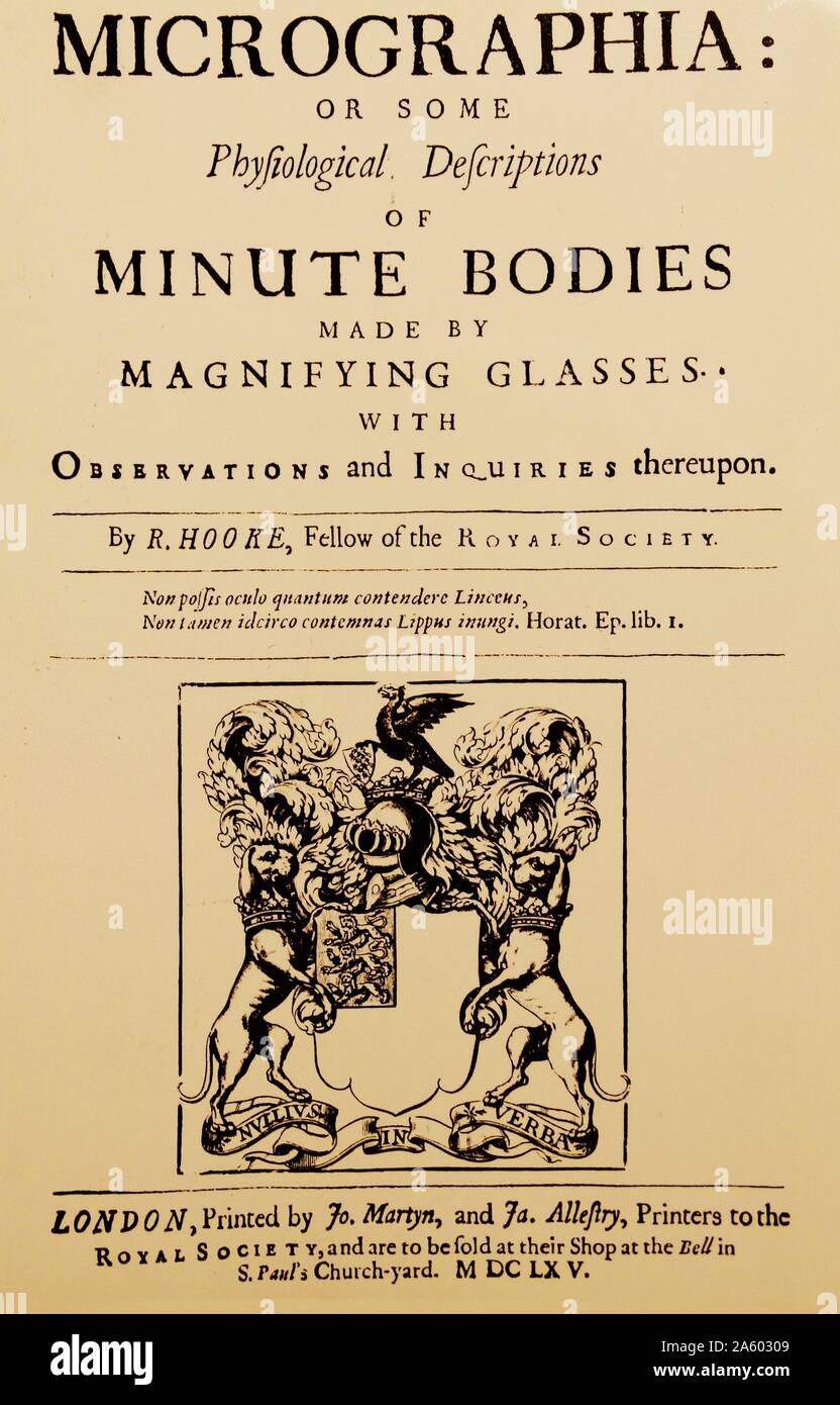 Titolo pagina di Robert Hooke micrografica Londra 1665 Foto Stock