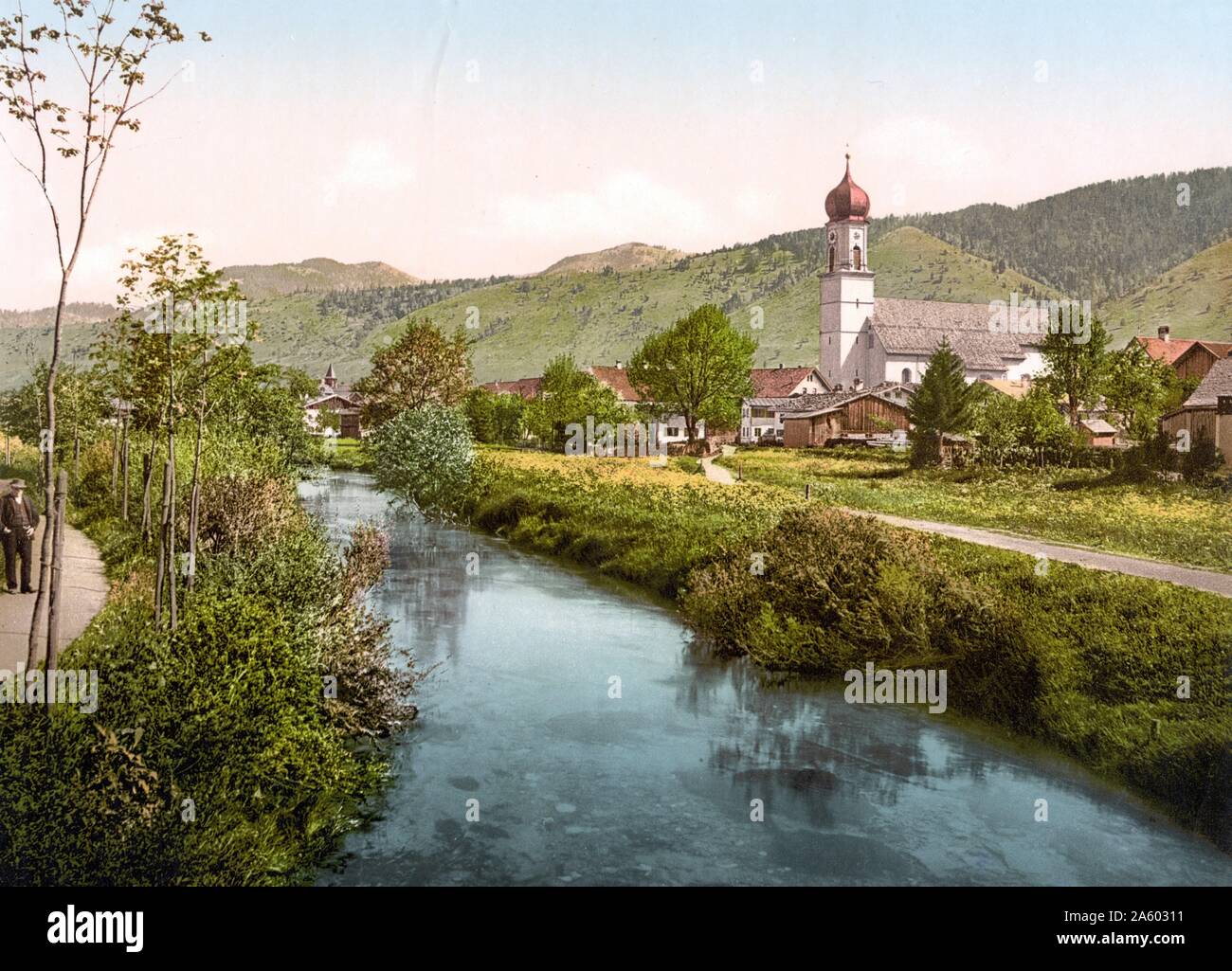 Una scena sulla Ammer, Oberammergau, Alta Baviera, Germania, 1890. Foto Stock