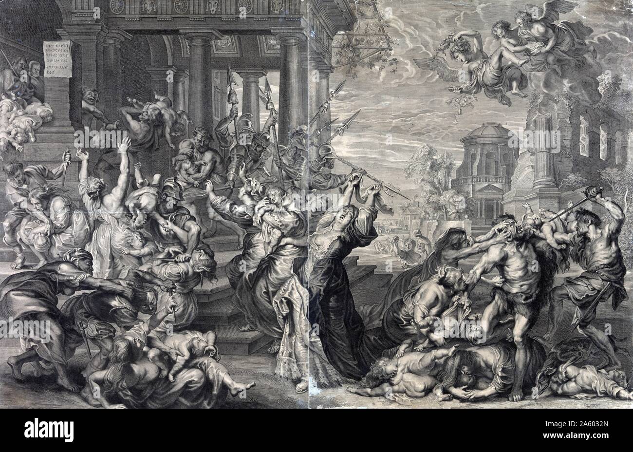 La stampa che mostra la strage degli innocenti ordinata da Erode, dal XVII secolo prospettiva da Peter Paul Rubens. Stampa, incisione, mostra la strage degli innocenti ordinata da Erode, dal XVII secolo prospettiva. Foto Stock