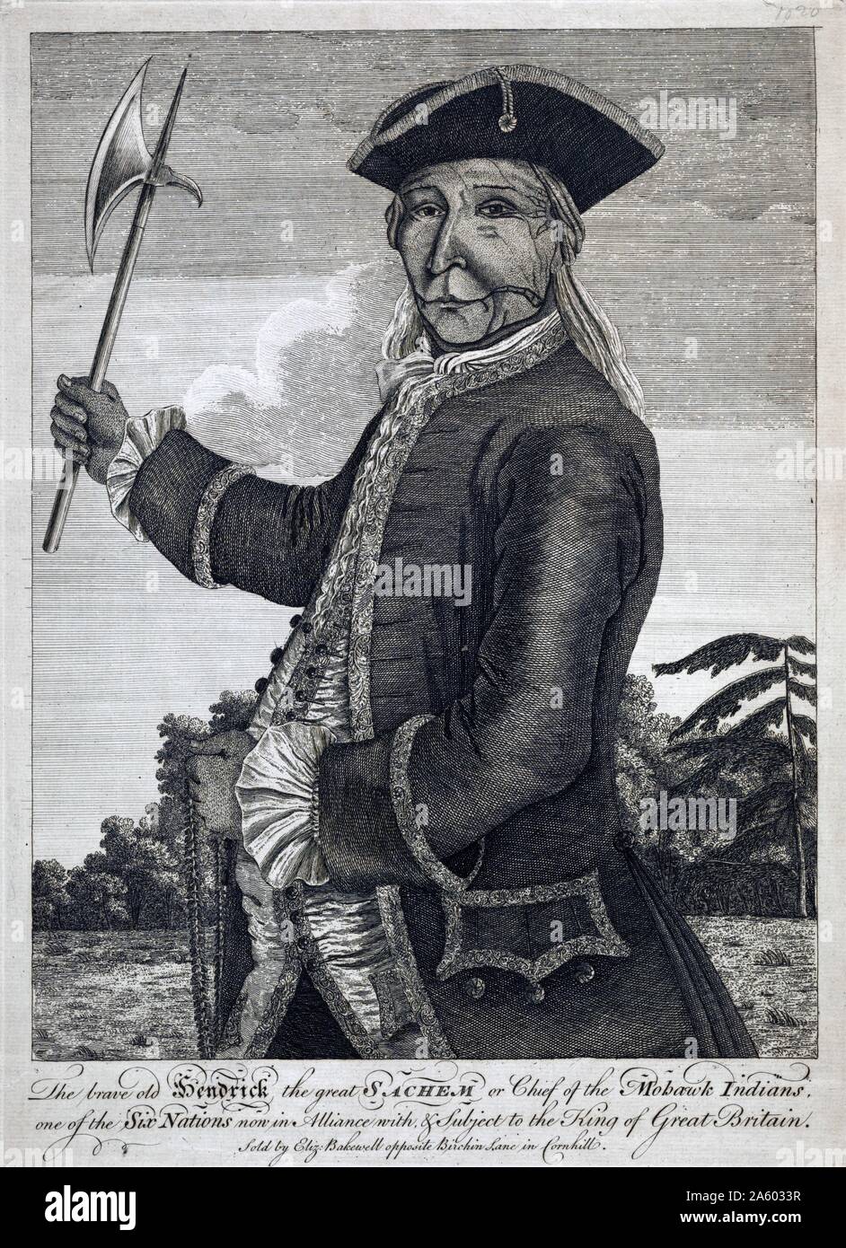 Stampa di Hendrick, Tiyanoka, anche ortografato Theyanoguin o Tee Yee Neen Ho Ga fila, il grande Mohawk SACHEM ***, mezza lunghezza verticale, rivolto verso sinistra, indossando uno stile europeo uniforme militare e azienda hatchet nella mano destra e una cinghia wampum nella sua sinistra. "Hendrick' è stato uno dei quattro Mohawk indiani che hanno visitato l'Inghilterra nel 1710 e nuovamente nel 1740. Per la sua seconda visita ha ricevuto elaborare corte abbigliamento rifinito con merletto d'oro. Questa stampa può essere basata su un dipinto realizzato da quella visita. Foto Stock