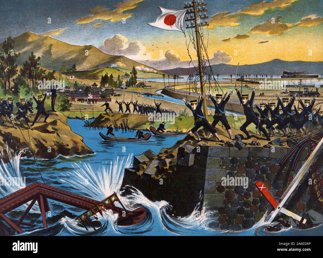 Xilografia illustrazione mostra i soldati giapponesi distruggendo un ponte in ferro a Pu-Lan durante la guerra Russo-Giapponese. Datata 1904 Foto Stock