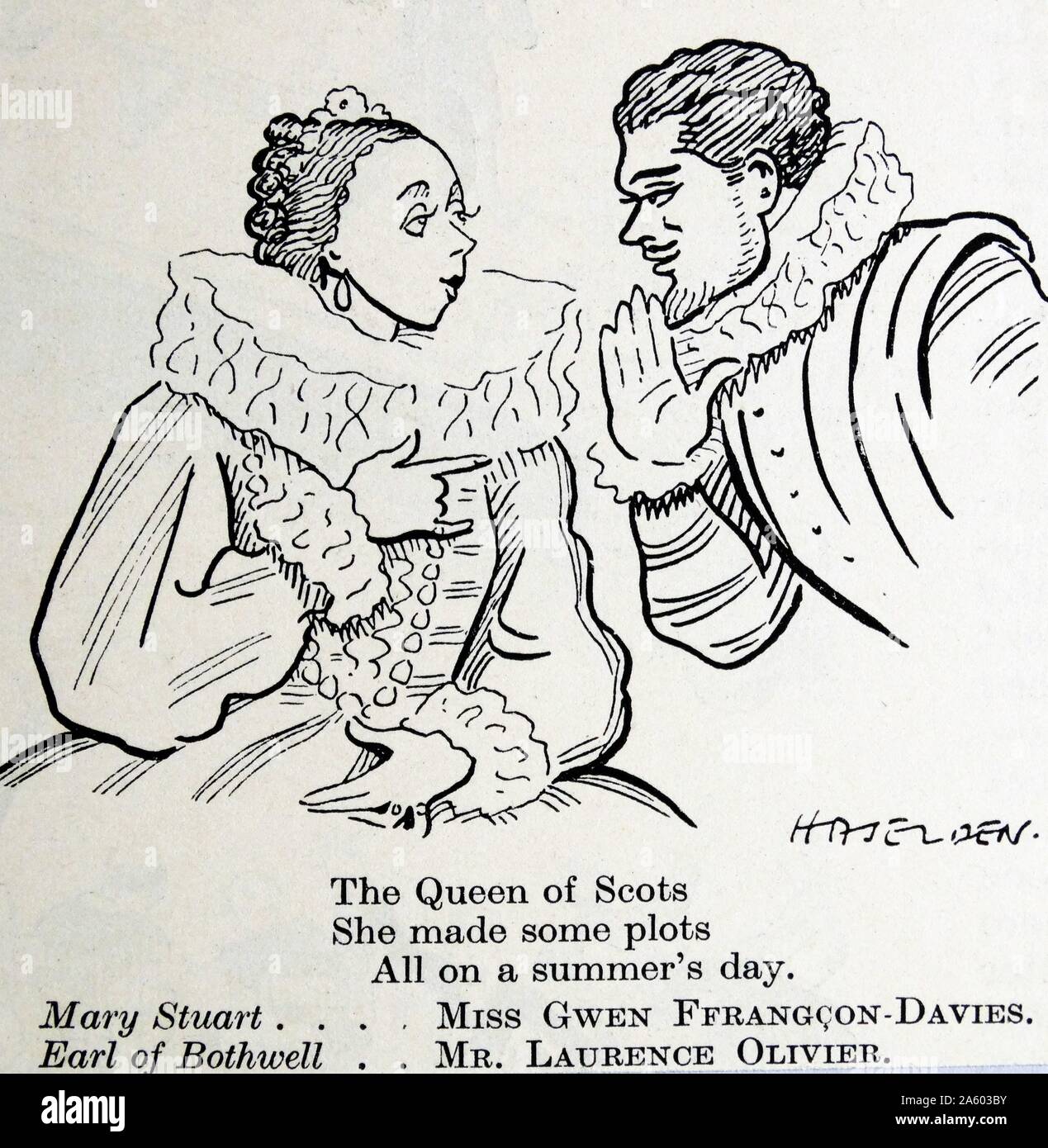 Cartoon raffigurante una scena da Gordon Daviot gioco "Regina di Scozia' presso il Nuovo Teatro di Londra. Gordon Daviot, pseudonimo di Elizabeth Mackintosh (1896-1952) un autore scozzese più noto per il suo mistero romanzi. Datata 1934 Foto Stock