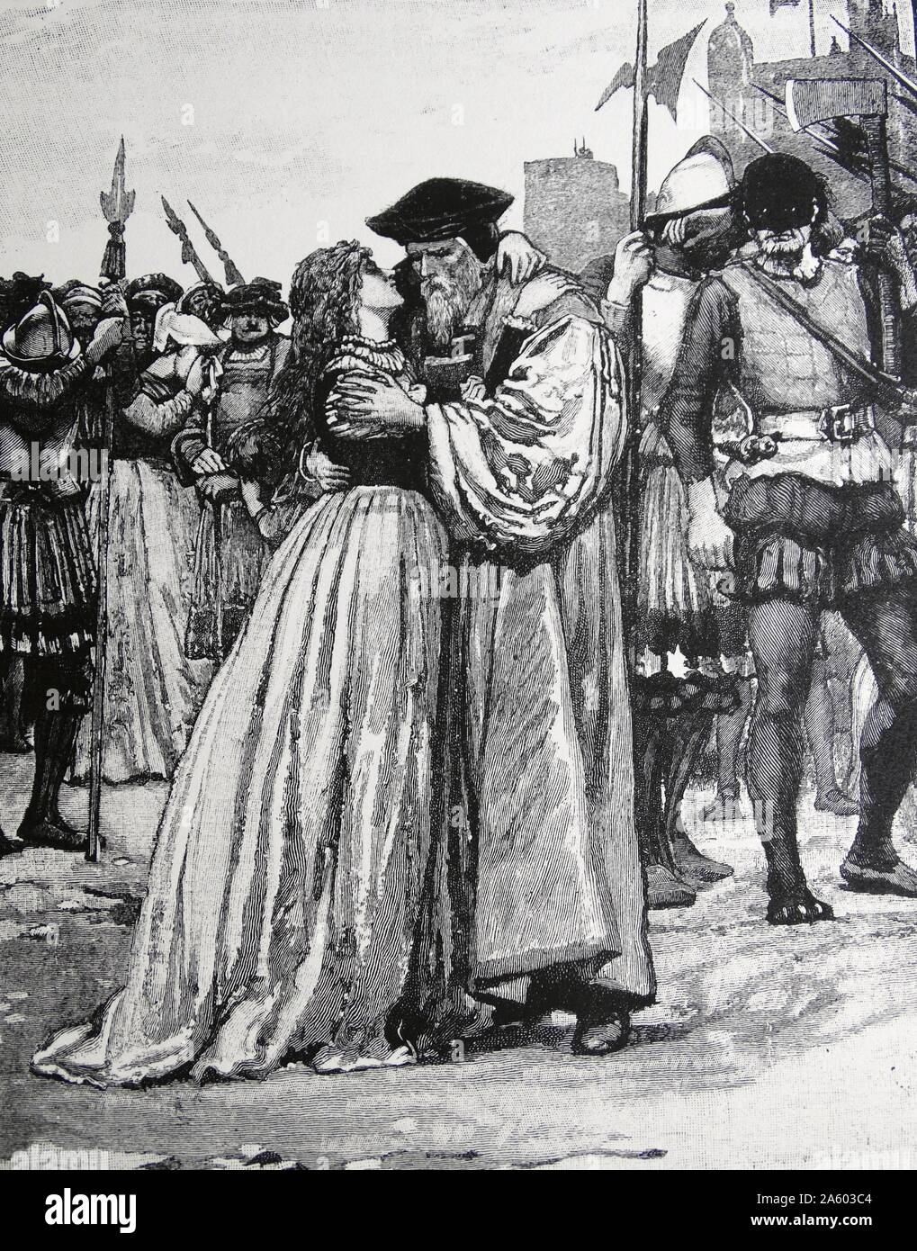 Incisione raffigurante Sir Thomas More e sua figlia di offerta di addio di lui prima della sua esecuzione. Sir Thomas More (1478-1535) un avvocato inglese, filosofo sociale, autore, statista e notato umanista rinascimentale. Datata XVI Secolo Foto Stock