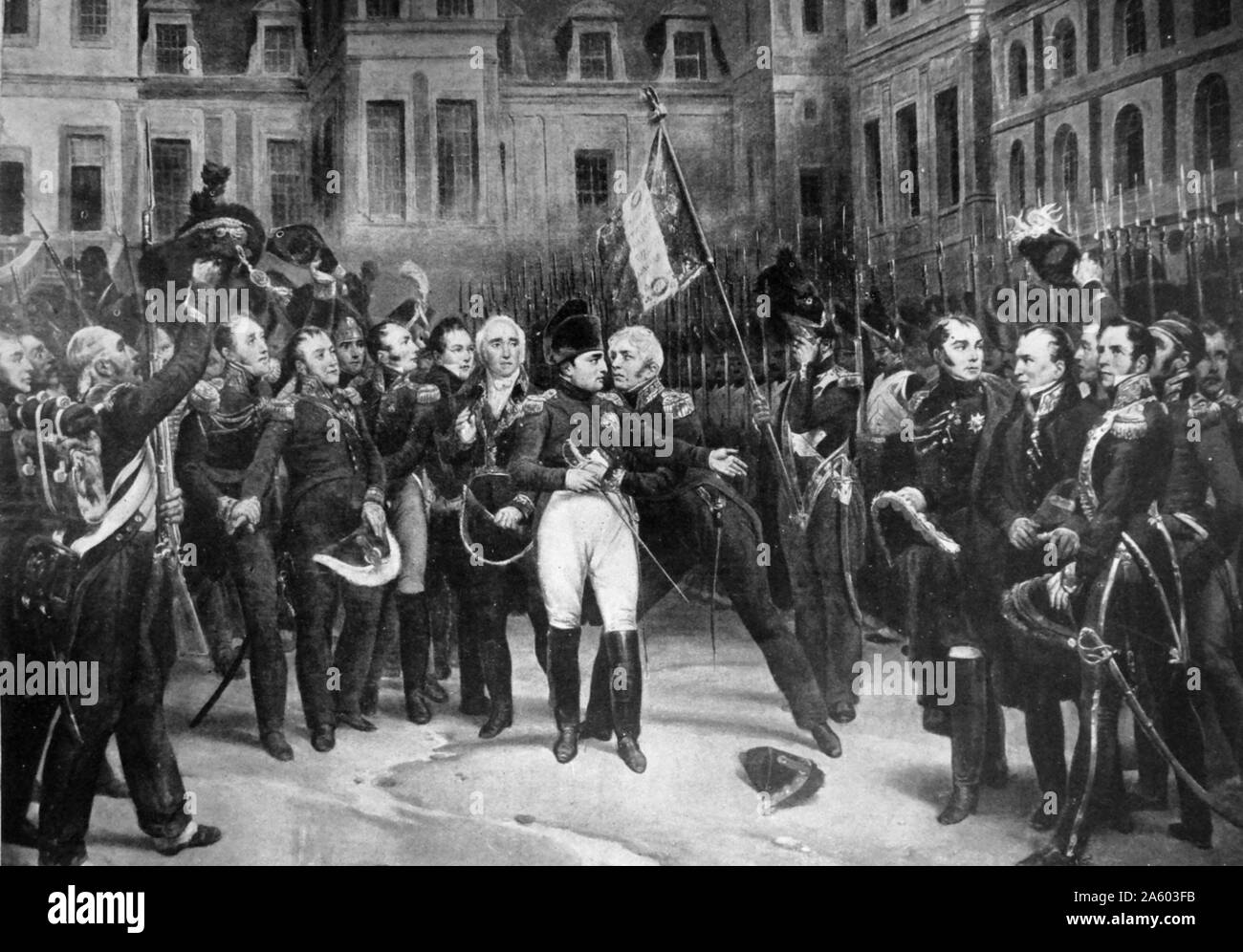 Napoléon Bonaparte (1769-1821) addio ai suoi generali presso il Palazzo di Fontainebleau, a Parigi. Datata del XIX secolo Foto Stock