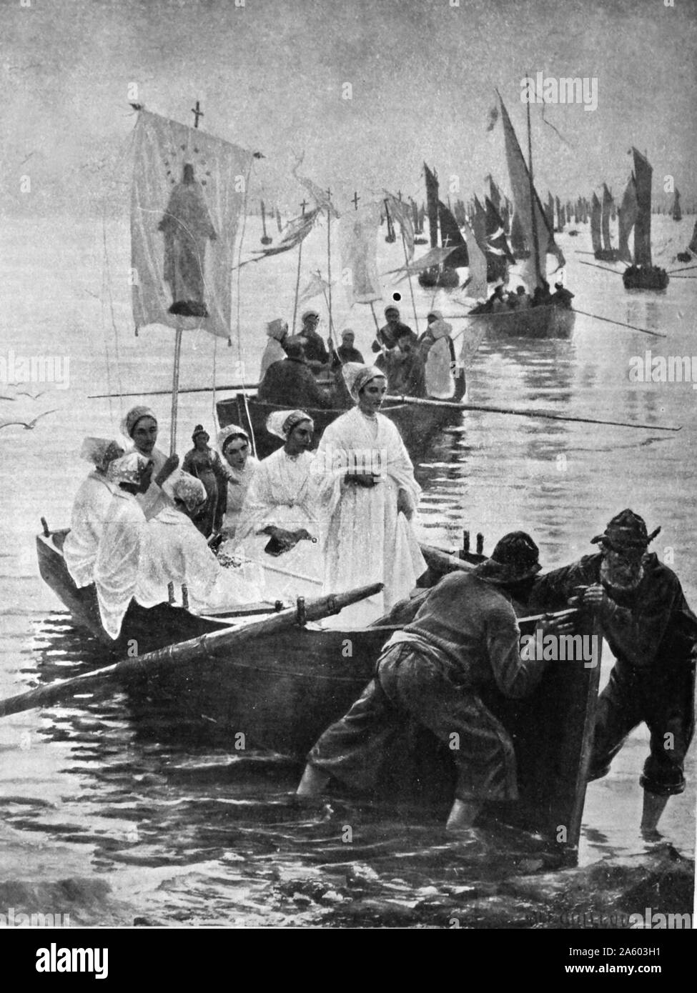 L'arrivo del perdono di Saint Anne da Alfred Guillou (1844-1926) un pittore francese. Datata del XIX secolo Foto Stock
