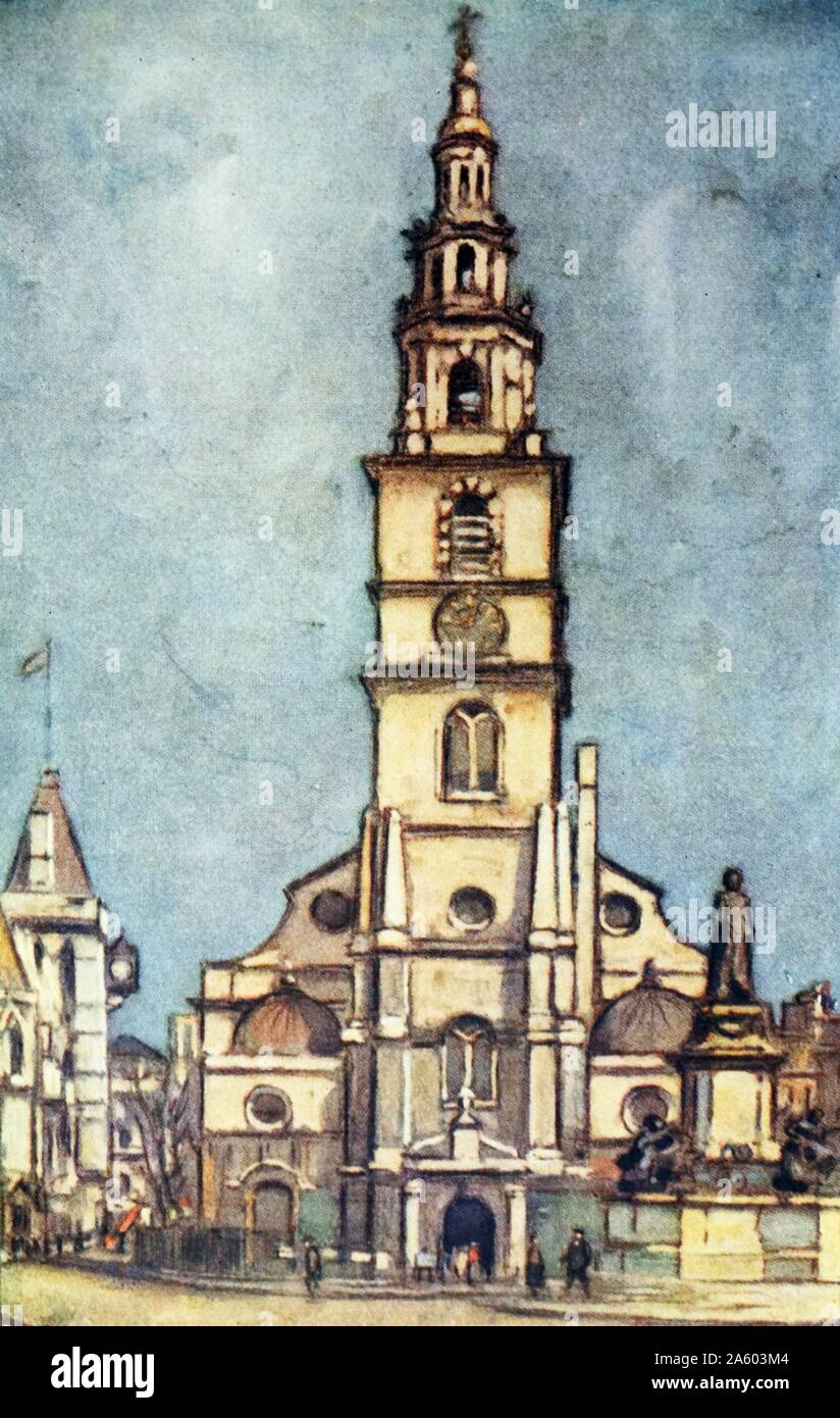 Schizzo di colore di San Clemente danesi, una chiesa anglicana nella City of Westminster, Londra. In data xx secolo Foto Stock
