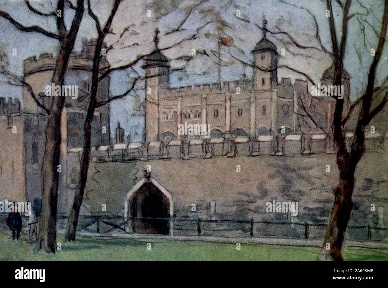 Schizzo di colore della Torre di Londra, ufficialmente la sua maestà il Palazzo Reale e la fortezza della Torre di Londra. In data xx secolo Foto Stock