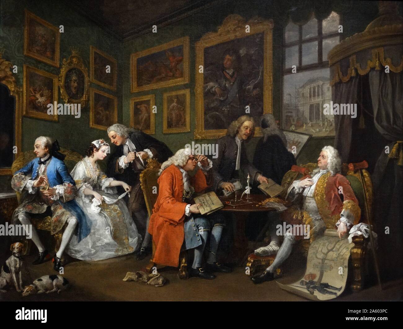 Pittura intitolato 'Matrimonio à-la-mode: 1. L'insediamento del matrimonio" di William Hogarth (1697-1764) un pittore inglese, printmaker, pittoriche satiro, critico sociale e fumettista editoriale. Datata xviii secolo Foto Stock