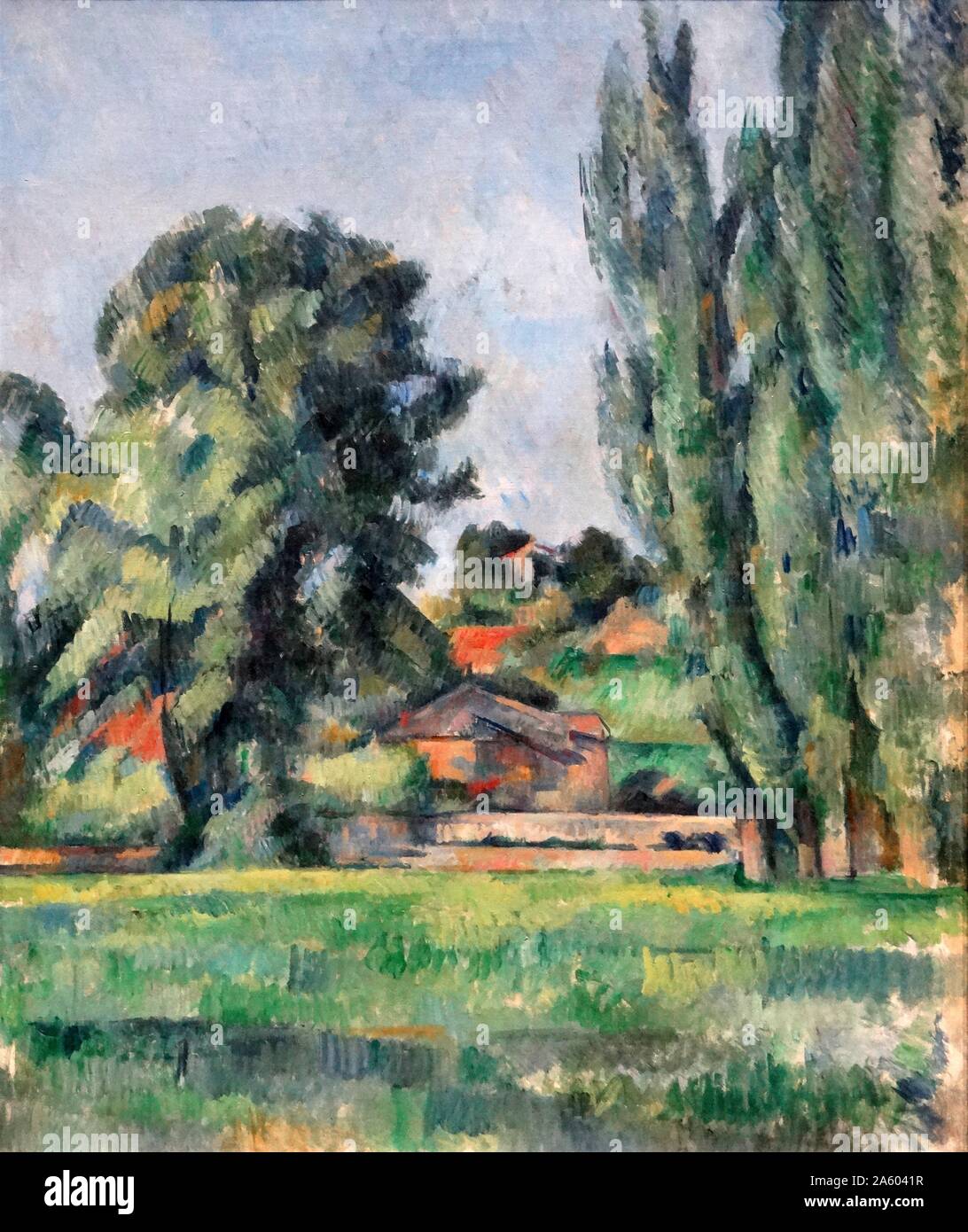 Pittura intitolata 'Paesaggio con pioppi' da Paul Cézanne (1839-1906) un artista francese e pittore Post-Impressionist. Datata del XIX secolo Foto Stock