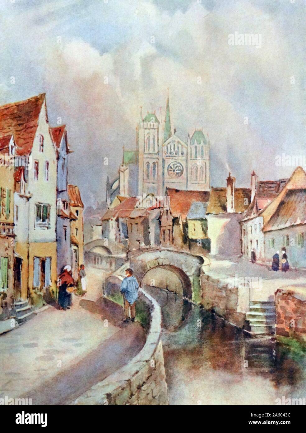 Dipinto raffigurante una vista di Amiens e la Cattedrale di Louis Burleigh Bruhl (1861-1942) un paesaggista inglese. In data xx secolo Foto Stock