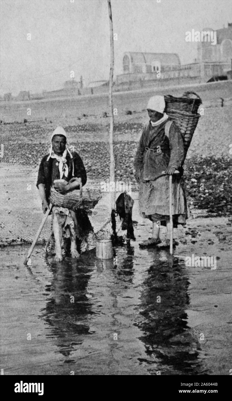 Stampa di raccoglitori di cozze al largo della costa della Normandia. Datata del XIX secolo Foto Stock