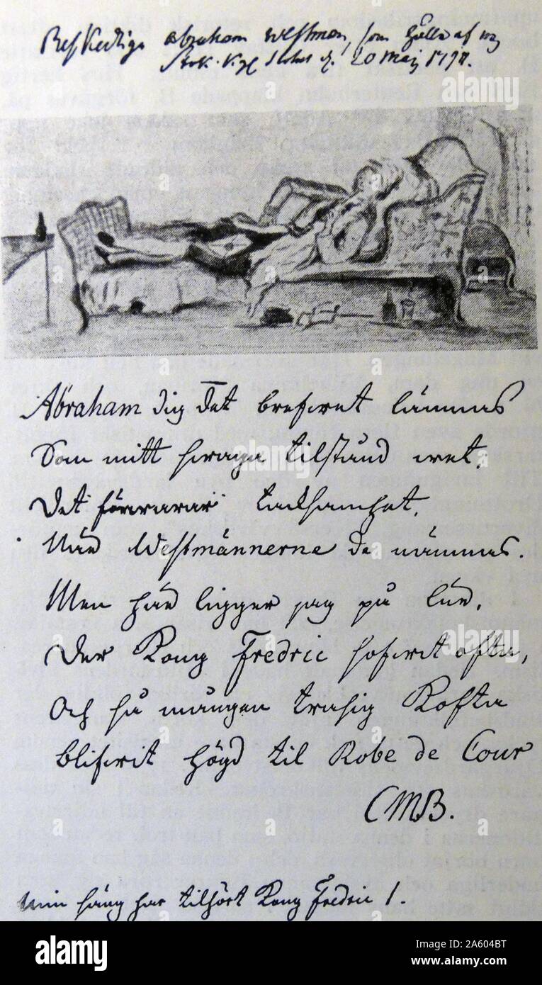 La poesia e la sottoscrizione di Abramo Westman da Carl Michael Bellman (1740-1795) un poeta svedese, autore, compositore e performer. Datata xviii secolo Foto Stock