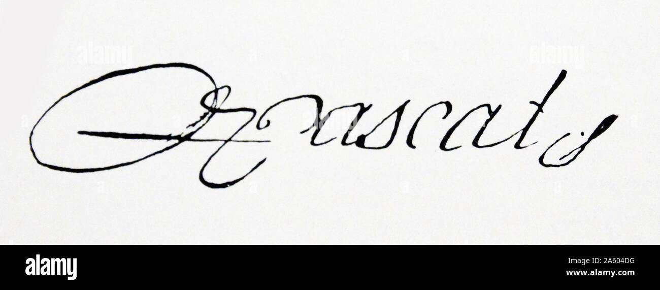 Firma di Blaise Pascal (1623-1662) un matematico francese, fisico, inventore, scrittore e filosofo cristiano. Risalenti al XVII secolo Foto Stock