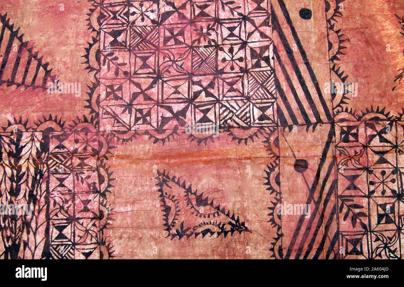 Dipinto di Tapa, o Ngatu, da Tonga nel Pacifico del Sud. Panno tapa è costituito dalla corteccia interna del mulberrytree (hiapo) ed è utilizzato nei cerimoniali. Foto Stock