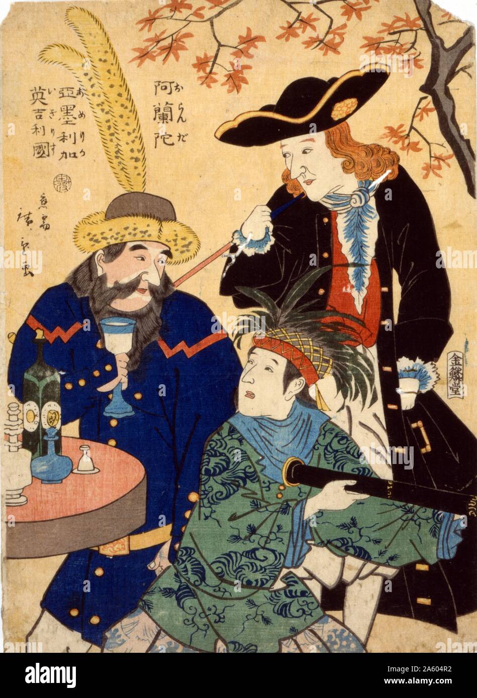 Oranda, Amerika, Igirisu (olandese, americano, inglese) da Utagawa Hiroshige, 1826?-1869, pubblicato, 1860. Stampa giapponese mostra tre uomini riuniti intorno a un tavolo: Olandese un uomo che indossa un cappello tricorno e tenendo una tubazione, un uomo inglese di bere da un bicchiere e un americano che indossa un copricapo di piume e tenendo un telescopio. Foto Stock