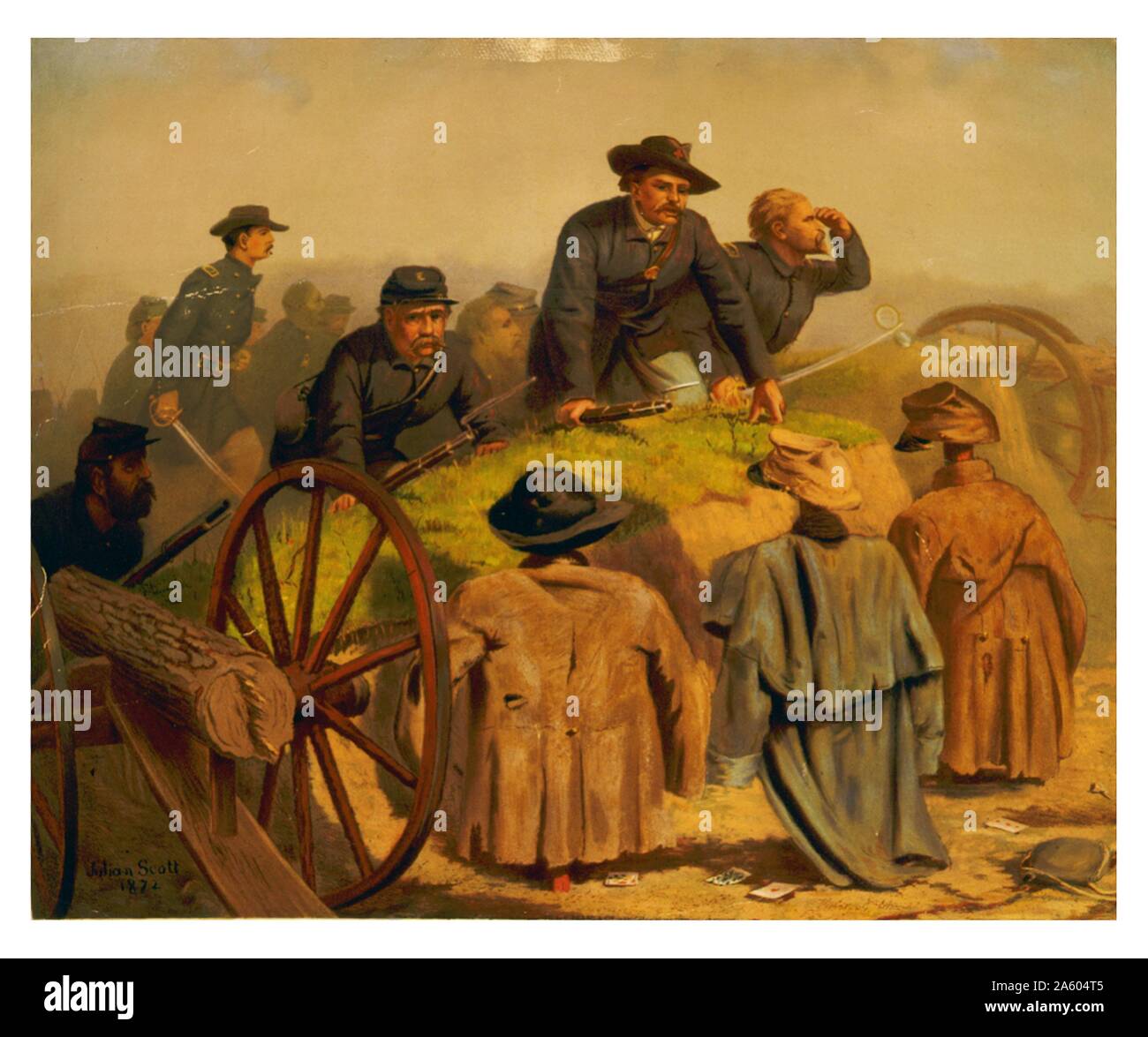 Unione dei soldati, dopo storming difese Confederate, trovare difensori dummy e cannone di legno. Foto Stock