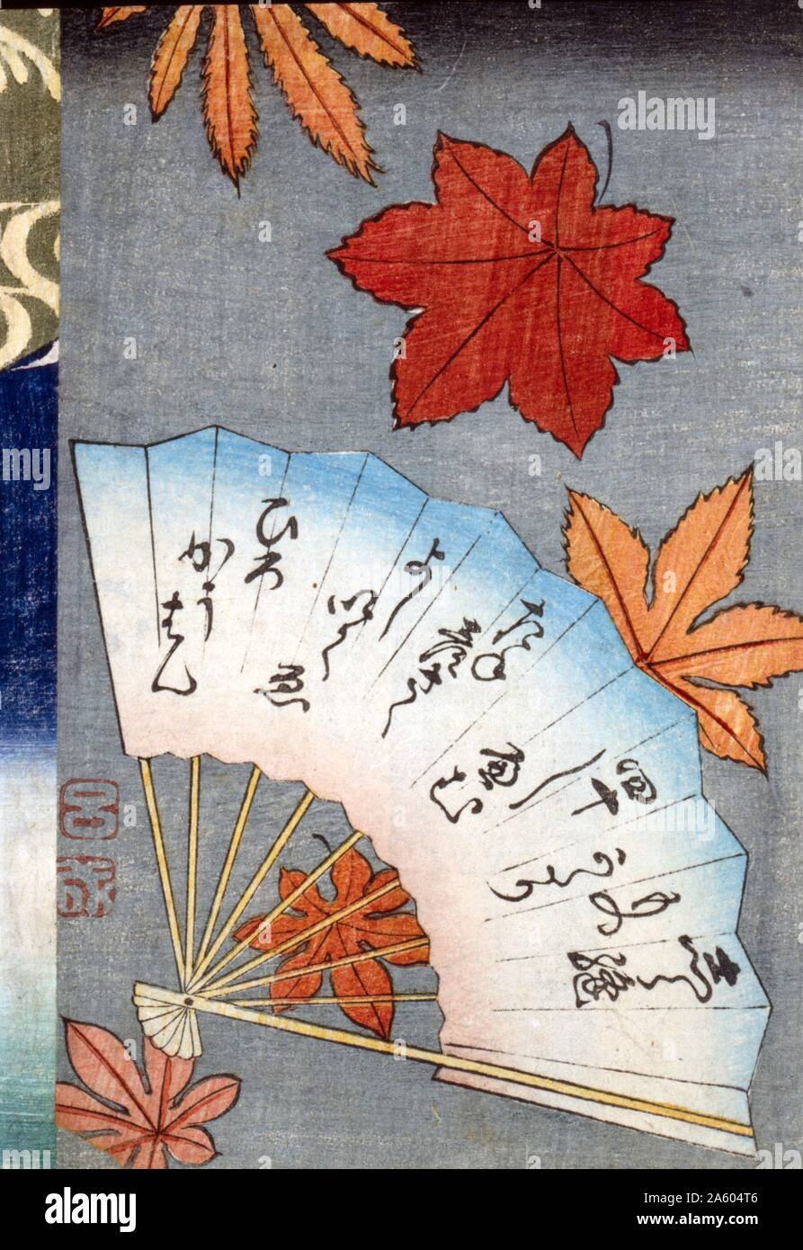 Ukiyo-e stampa di una ventola con foglie di acero . Datata 1850 Foto Stock