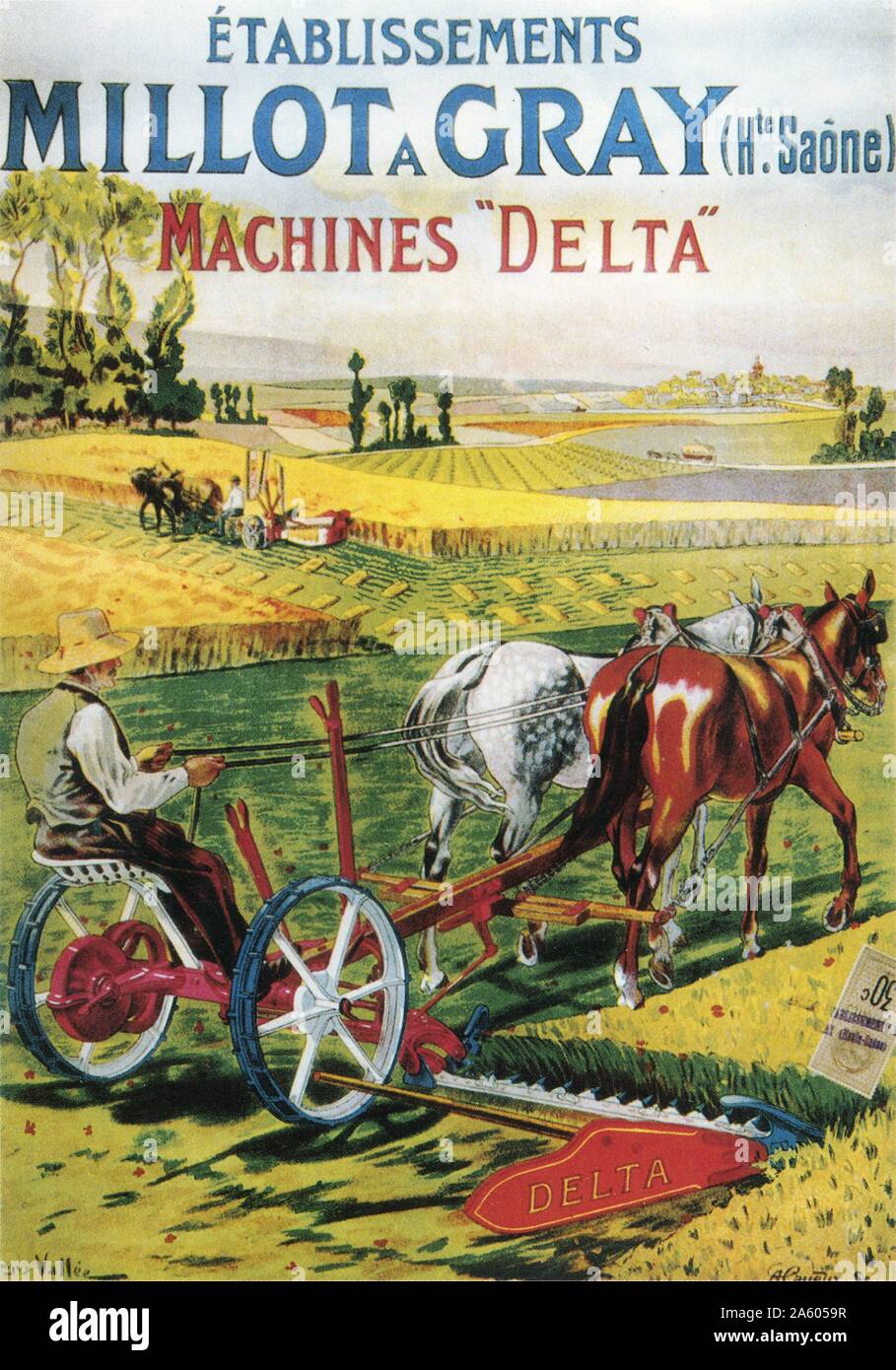 Poster pubblicitario per "delta" di macchine agricole progettato dall'impresa francese Millot in grigio. Intorno al 1900 Foto Stock