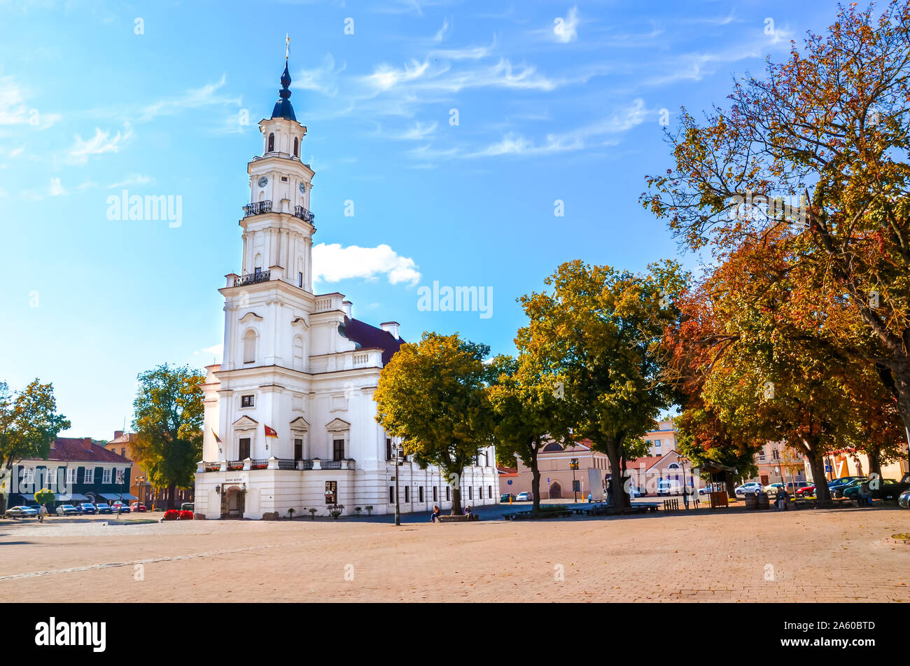 Municipio e adiacente la Piazza del Municipio e a Kaunas, Lituania fotografato nella stagione autunnale con foglie di autunno. La seconda più grande città della Lituania, Paesi Baltici, Paesi Baltici. Foto Stock