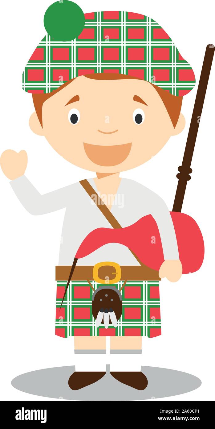 Carattere dalla Scozia vestito in modo tradizionale con kilt e cornamusa. Illustrazione Vettoriale. I bambini del mondo collezione. Illustrazione Vettoriale