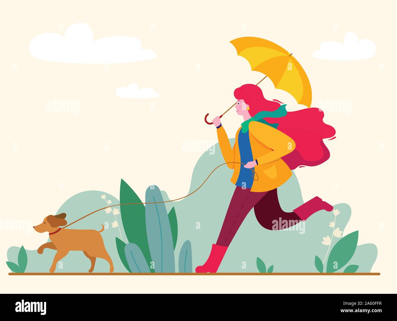 La ragazza e il cane a camminare nel parco di autunno Illustrazione Vettoriale