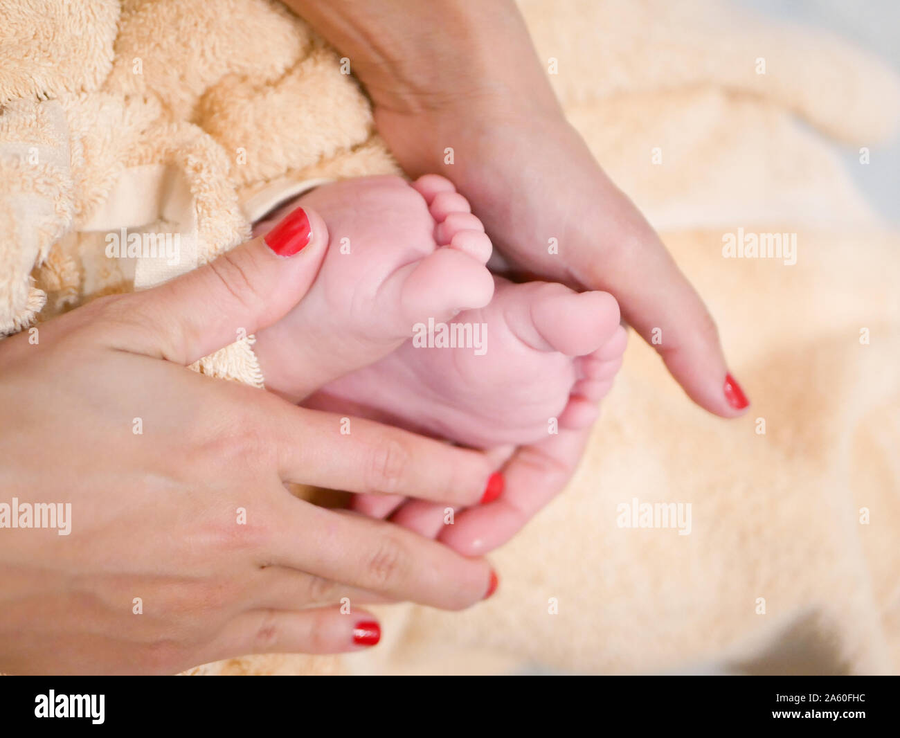 Gambe per bambini su mamme mani. Foto di piedi di un neonato. Nelle braccia della madre Foto Stock