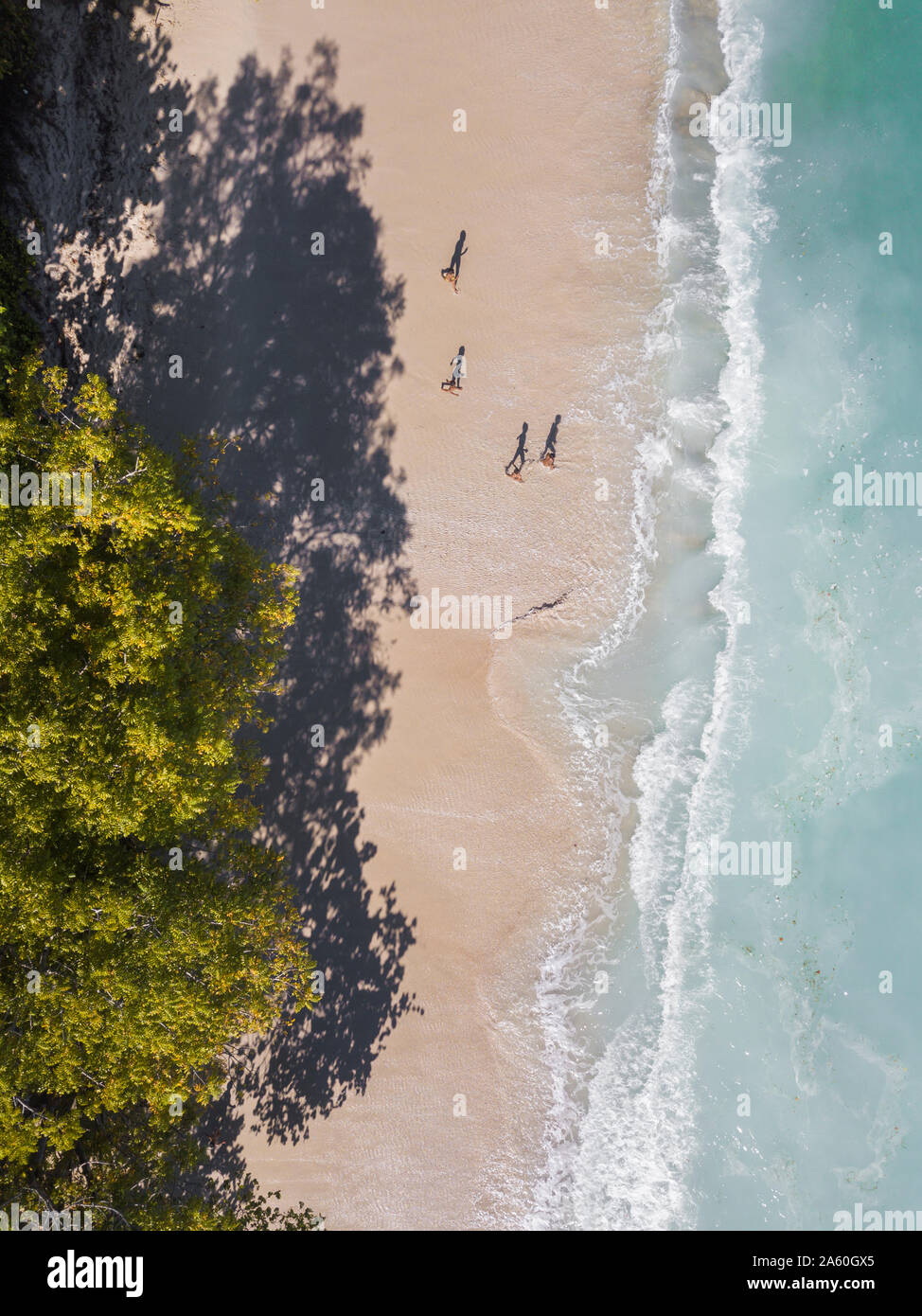 Vista aerea di bambini in spiaggia, Sumbawa, Indonesia Foto Stock
