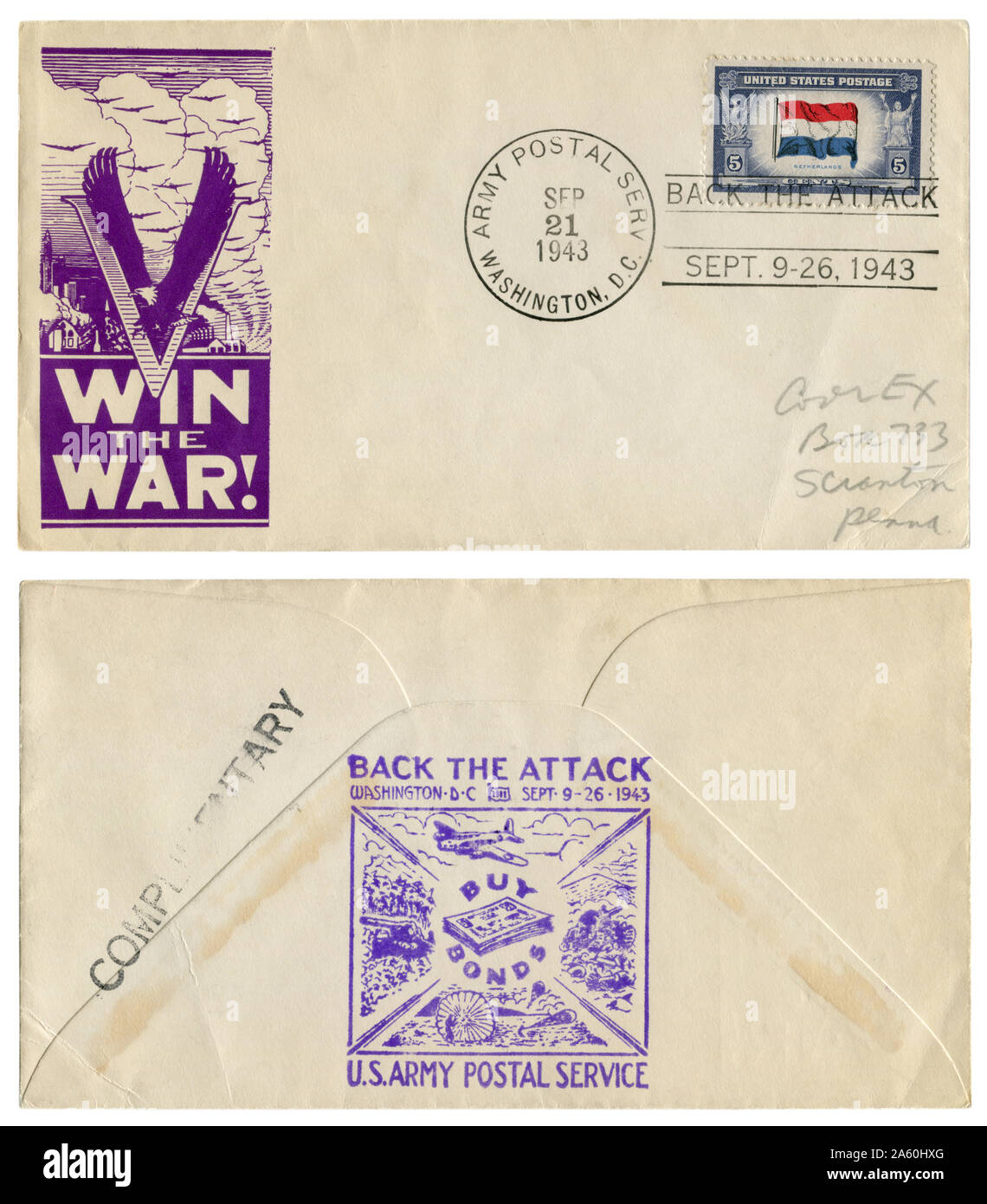 Washington D.C., Esercito del servizio postale, gli Stati Uniti d'America - 21 Settembre 1943: noi busta storico: il coperchio con un cachet patriottico vincere la guerra! Torna all'attacco Foto Stock