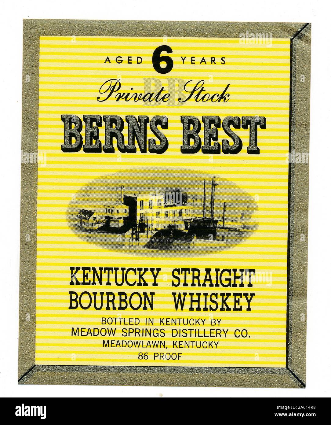 Etichetta d'epoca per una bottiglia di whisky bourbon 'Berns Best' del Kentucky, con un'immagine di una fabbrica, imbottigliata dalla distilleria Meadow Springs, Meadowlawn, Kentucky, 1945. () Foto Stock