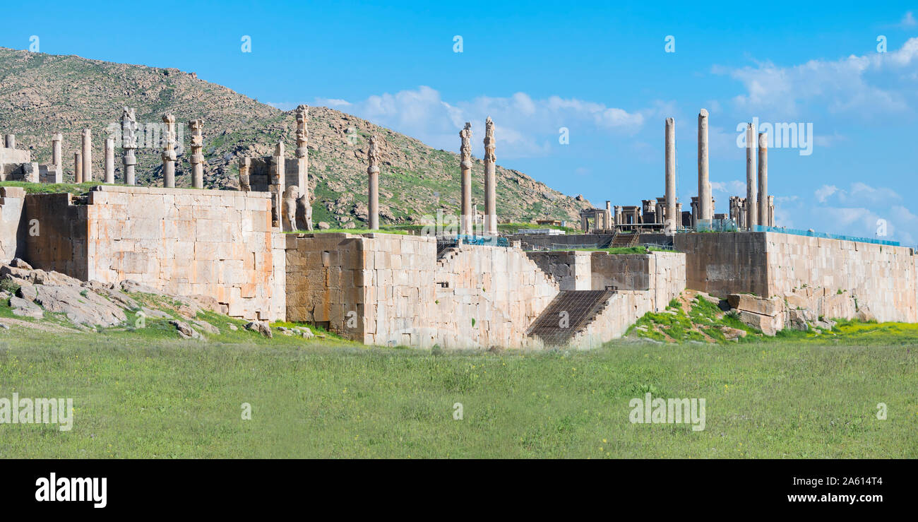 Panoramica generale, Persepolis, Sito Patrimonio Mondiale dell'UNESCO, far Provincia, Repubblica Islamica di Iran, Medio Oriente Foto Stock