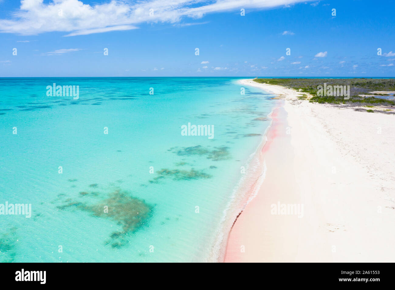 Vista aerea da fuco del rosa spiaggia di sabbia lavata dalle acque cristalline del Mar dei Caraibi, Antille, West Indies, dei Caraibi e America centrale Foto Stock
