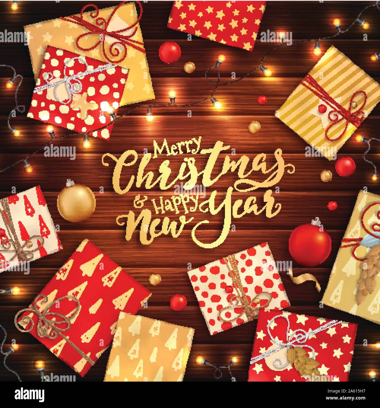 Buon Natale e felice anno nuovo banner con decorazione di Natale: baubles colorati, rosso e oro confezione regalo, ghirlande su sfondo di legno. Xmas holi Illustrazione Vettoriale