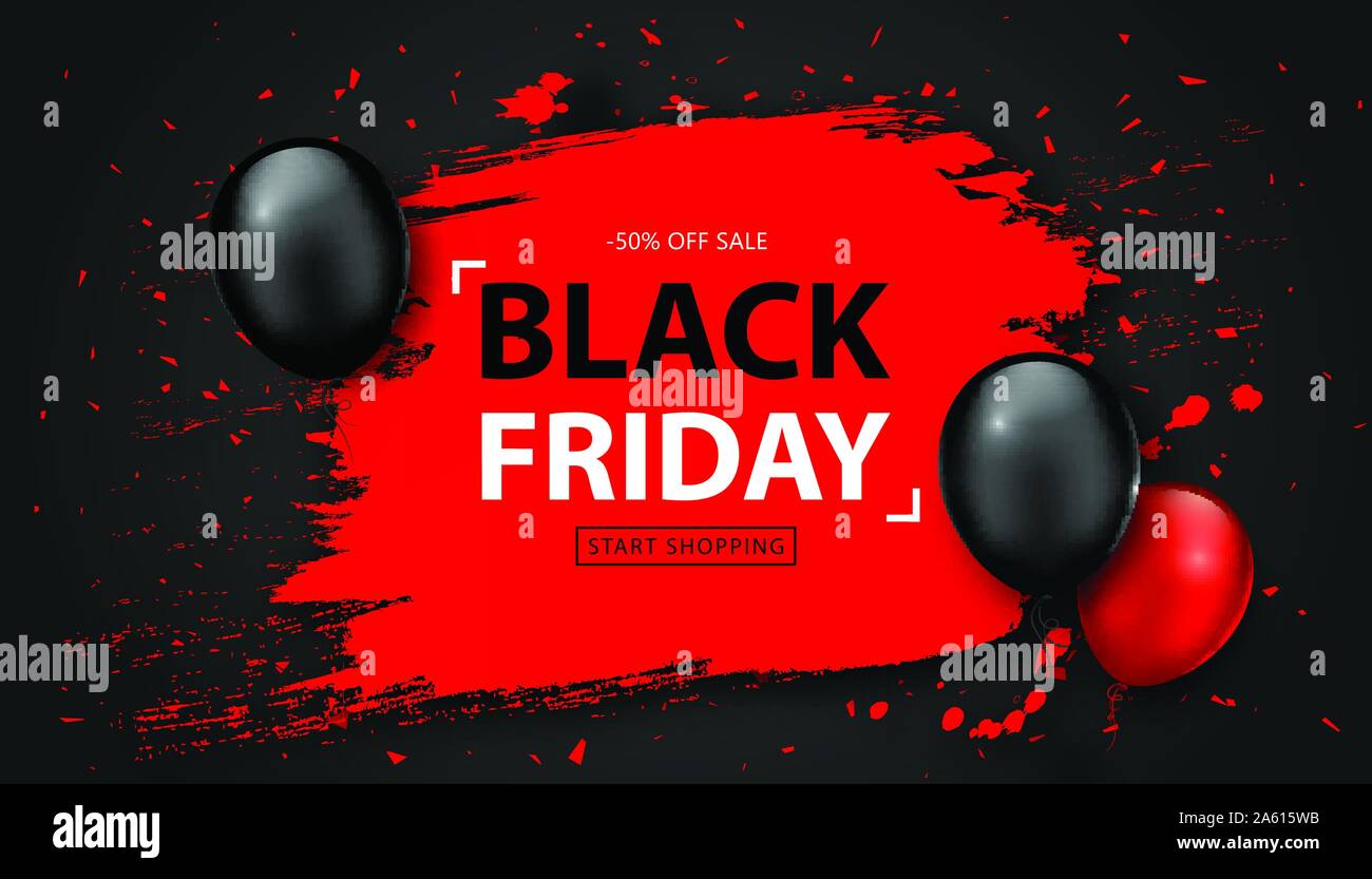Venerdì nero vendita Poster. Sconto stagionale banner con palloncini e rosa grunge telaio su sfondo nero. Design vacanze modello per pubblicità sh Illustrazione Vettoriale