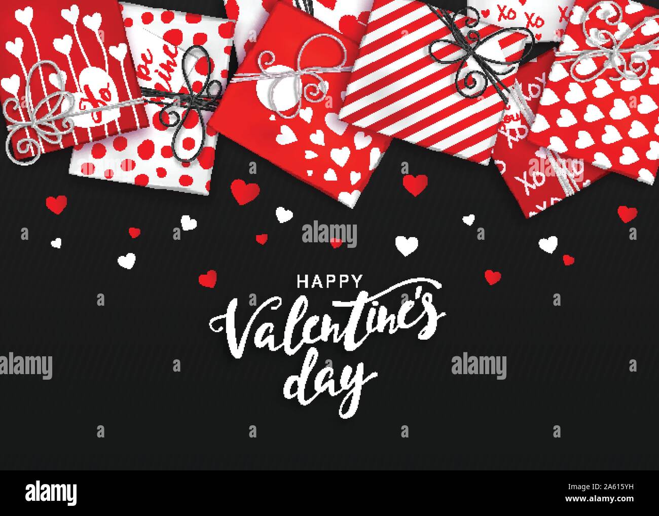 Il giorno di San Valentino. Rosso confezioni regalo in carta di avvolgimento con il cuore. Holiday poster con presenta una scatola di cartone legata con lo spago. Bellissimo saluto Illustrazione Vettoriale