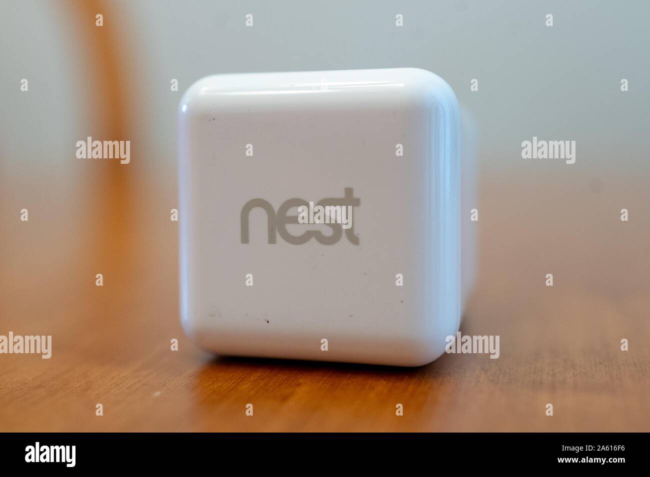 Primo piano del logo per la linea Nest di prodotti per la sicurezza domestica di Google Inc su un alimentatore bianco su una superficie di legno chiaro in una casa intelligente a San Ramon, California, 27 agosto 2019. () Foto Stock