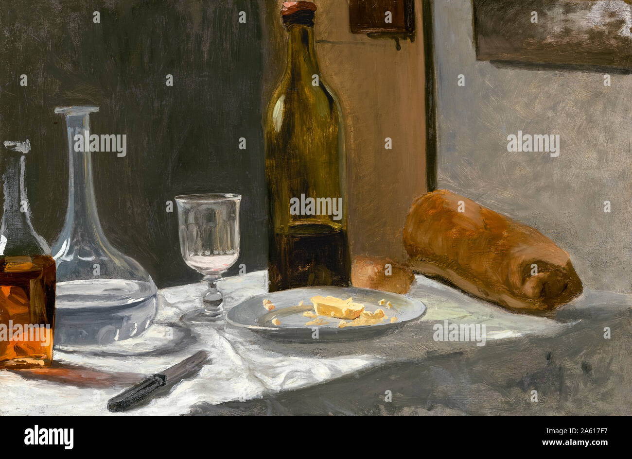 Claude Monet, Still Life con bottiglia, caraffa, il pane e il vino, pittura, 1862-1863 Foto Stock