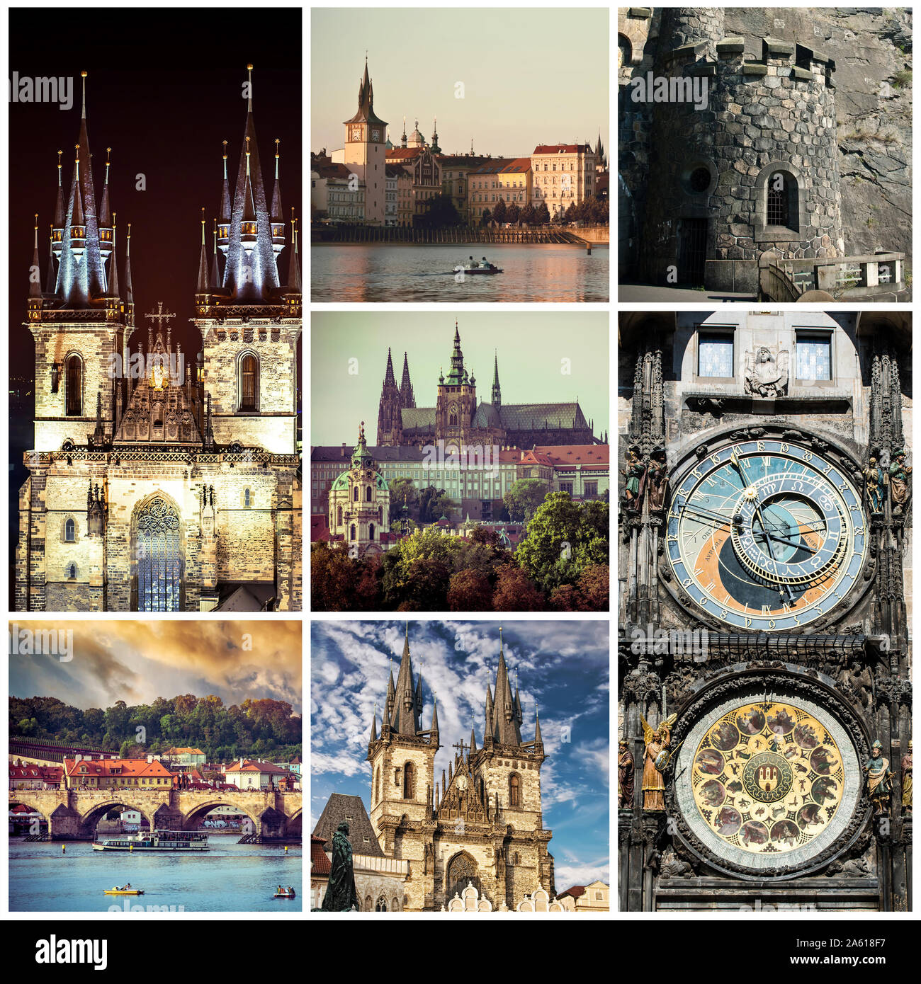 Collage di pittoresca diversi monumenti di Praga e paesaggi con architettura Foto Stock