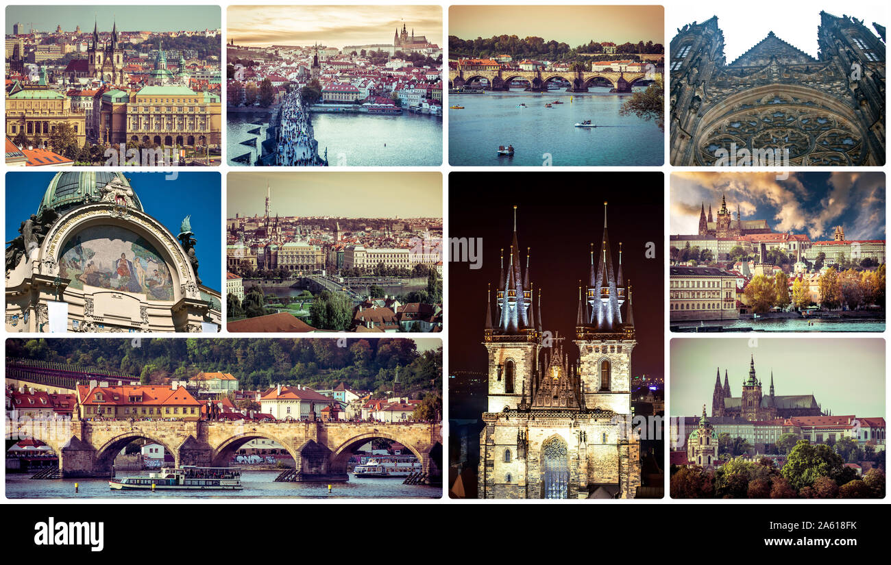 Collage di pittoresca diversi monumenti di Praga e paesaggi con architettura Foto Stock