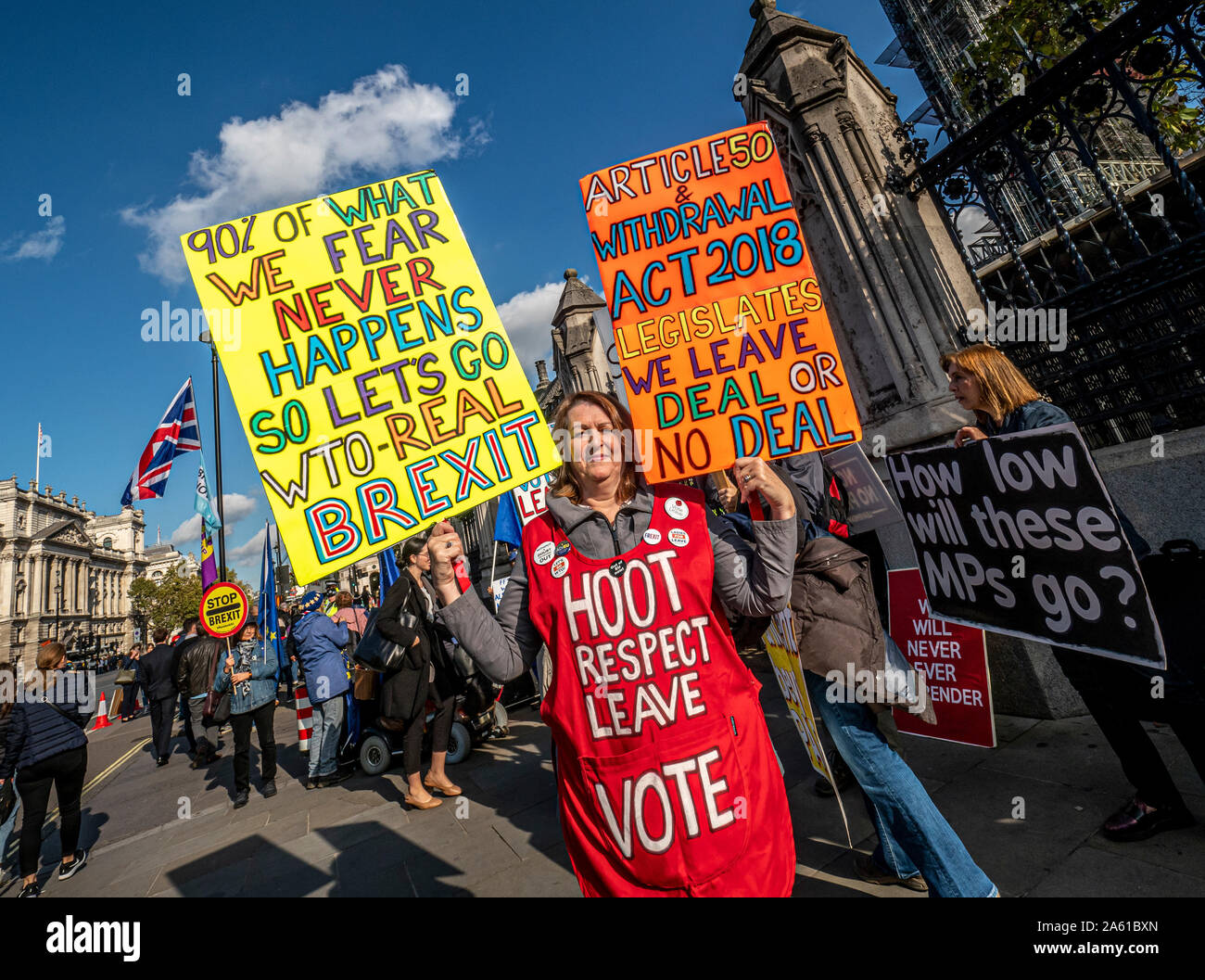 Brexit manifestanti fuori casa del Parlamento, Westminster, London, Regno Unito. Foto Stock
