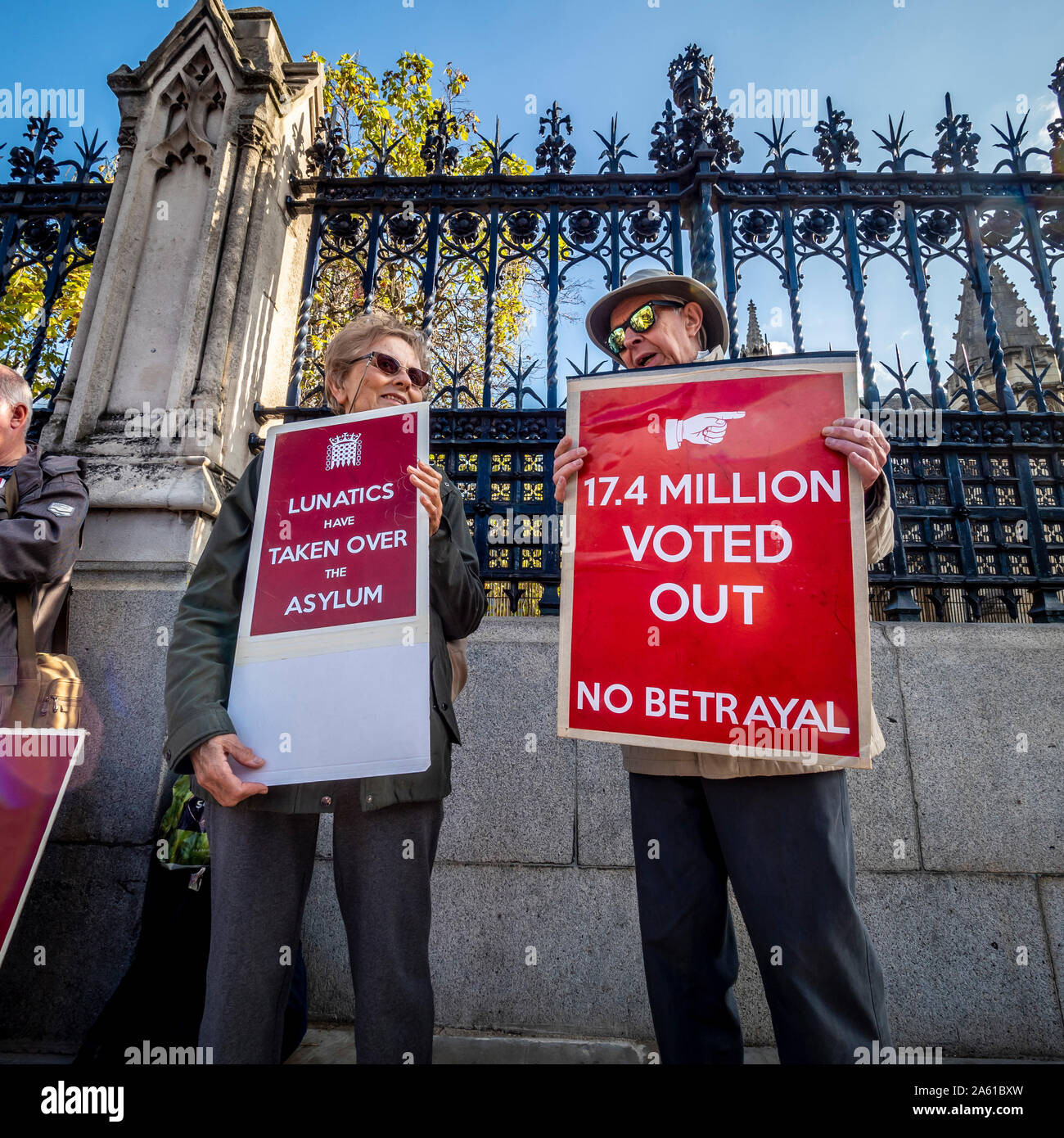 Brexit manifestanti fuori casa del Parlamento, Westminster, London, Regno Unito. Foto Stock