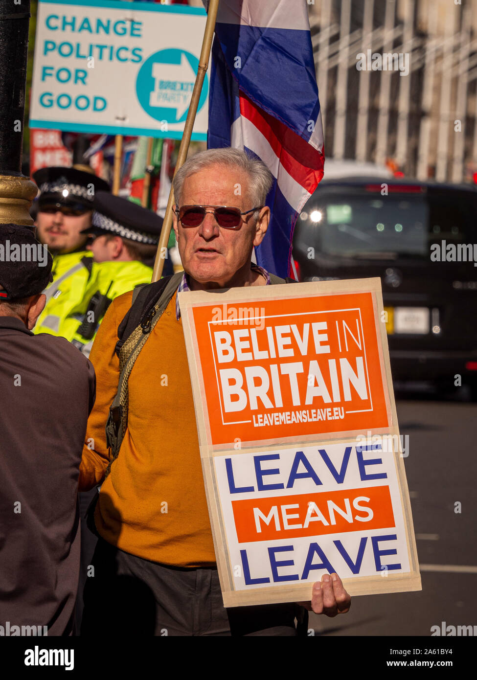 Brexit manifestanti fuori casa del Parlamento, Westminster, London, Regno Unito. Foto Stock