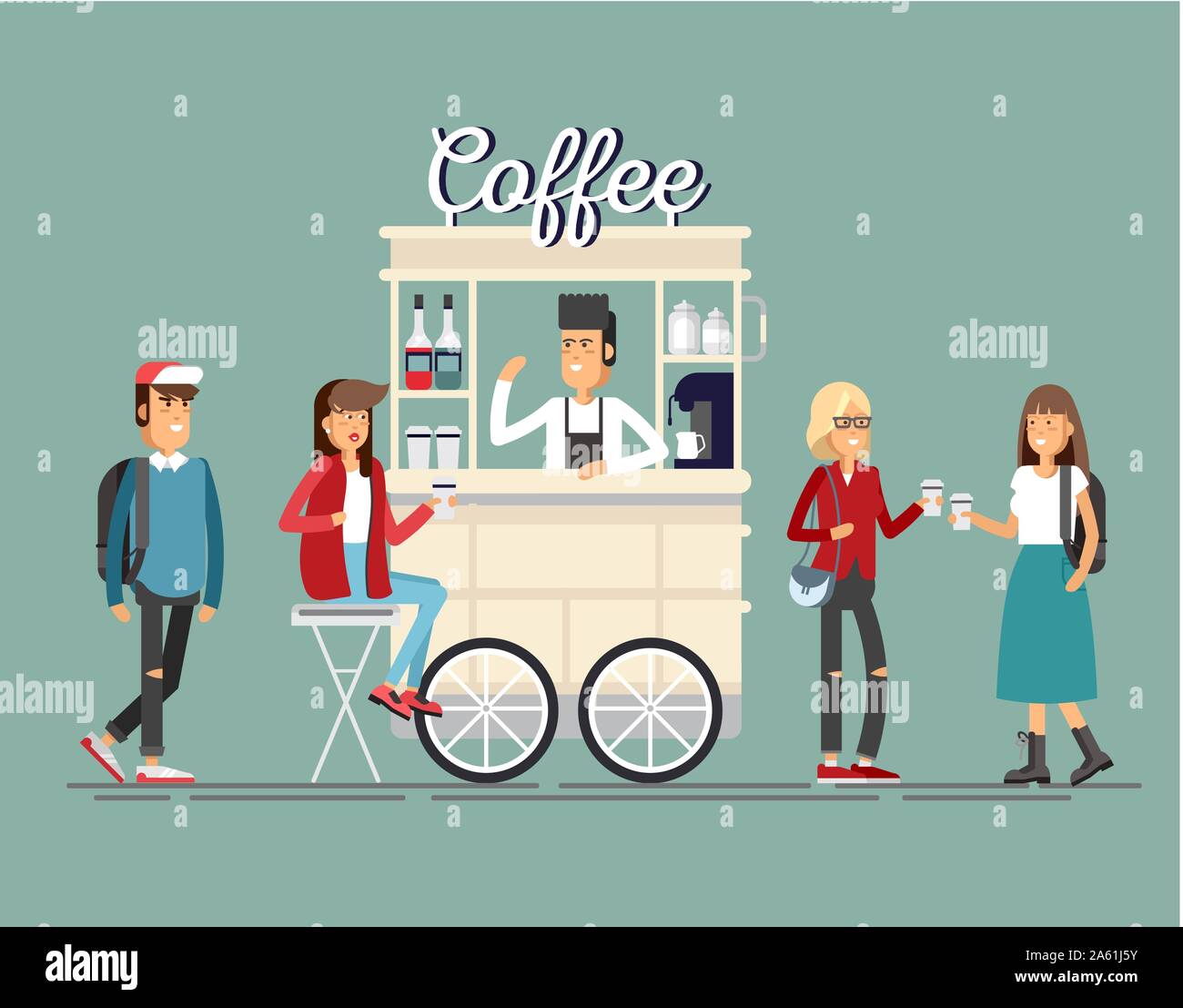 Creative vettore dettagliate street carrello caffè o negozio con macchina per il caffè espresso, sciroppo di bottiglie, tazze monouso e con il venditore. I giovani aventi un caffè Illustrazione Vettoriale