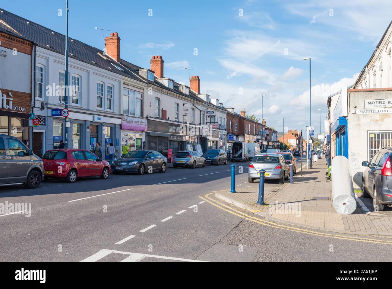 Negozi indipendenti e le piccole e medie imprese su Pershore Road, Stirchley, Birmingham, Regno Unito Foto Stock
