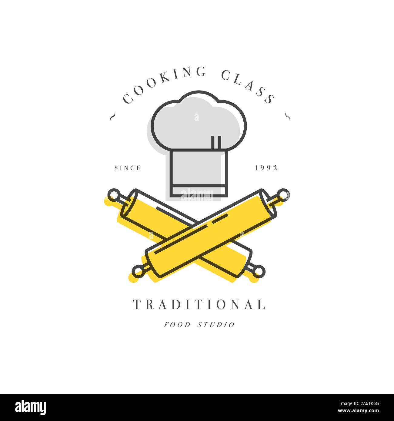 Lezione di Cucina design lineare elemento, emblema della cucina, simbolo o icona di studio alimentare etichetta. Corsi di cucina modello segno o logo, identità, culinario scho Foto Stock