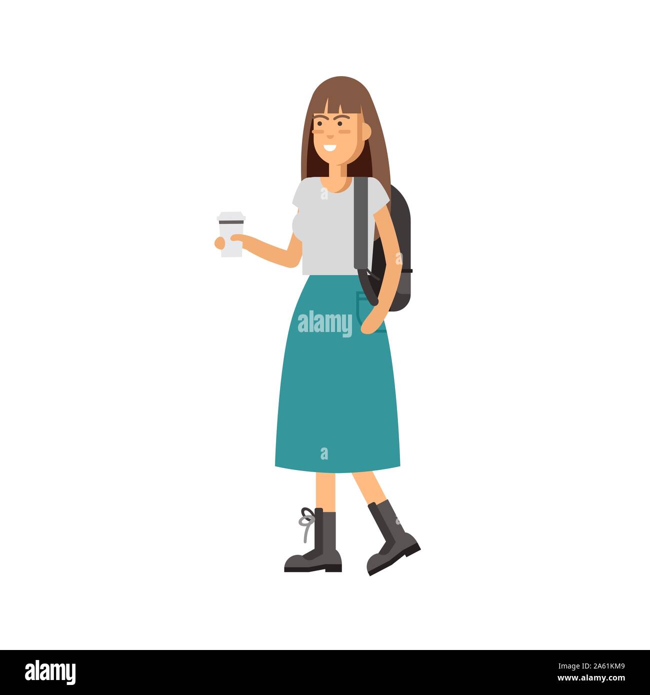 Appartamento illustrazione vettoriale ragazza avente un caffè e a piedi. Giovane donna indossare abiti moderni. Aspetto elegante di ragazza isolato in uno sfondo bianco. Illustrazione Vettoriale