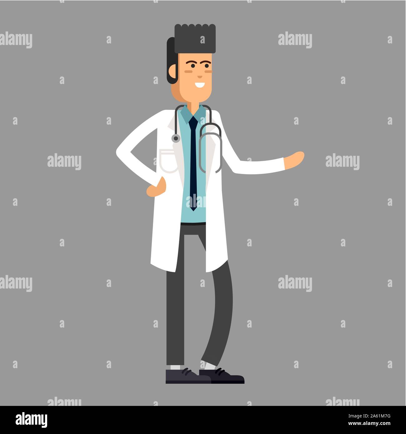 Bel maschio medico con stetoscopio. Piatti colorati illustrazione vettoriale. Illustrazione Vettoriale